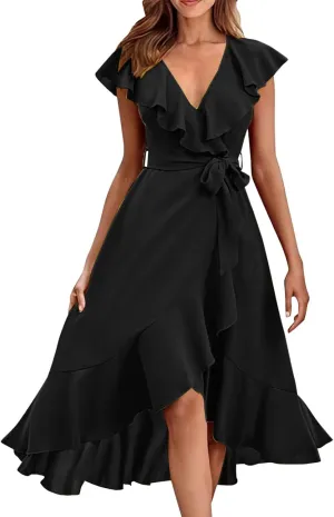 Women's 2025 Summer Wrap Midi Dress Casual Boho Deep V Neck Cocktail Dress Short Sleeve Ruffle Hem Split Beach Long Dresses