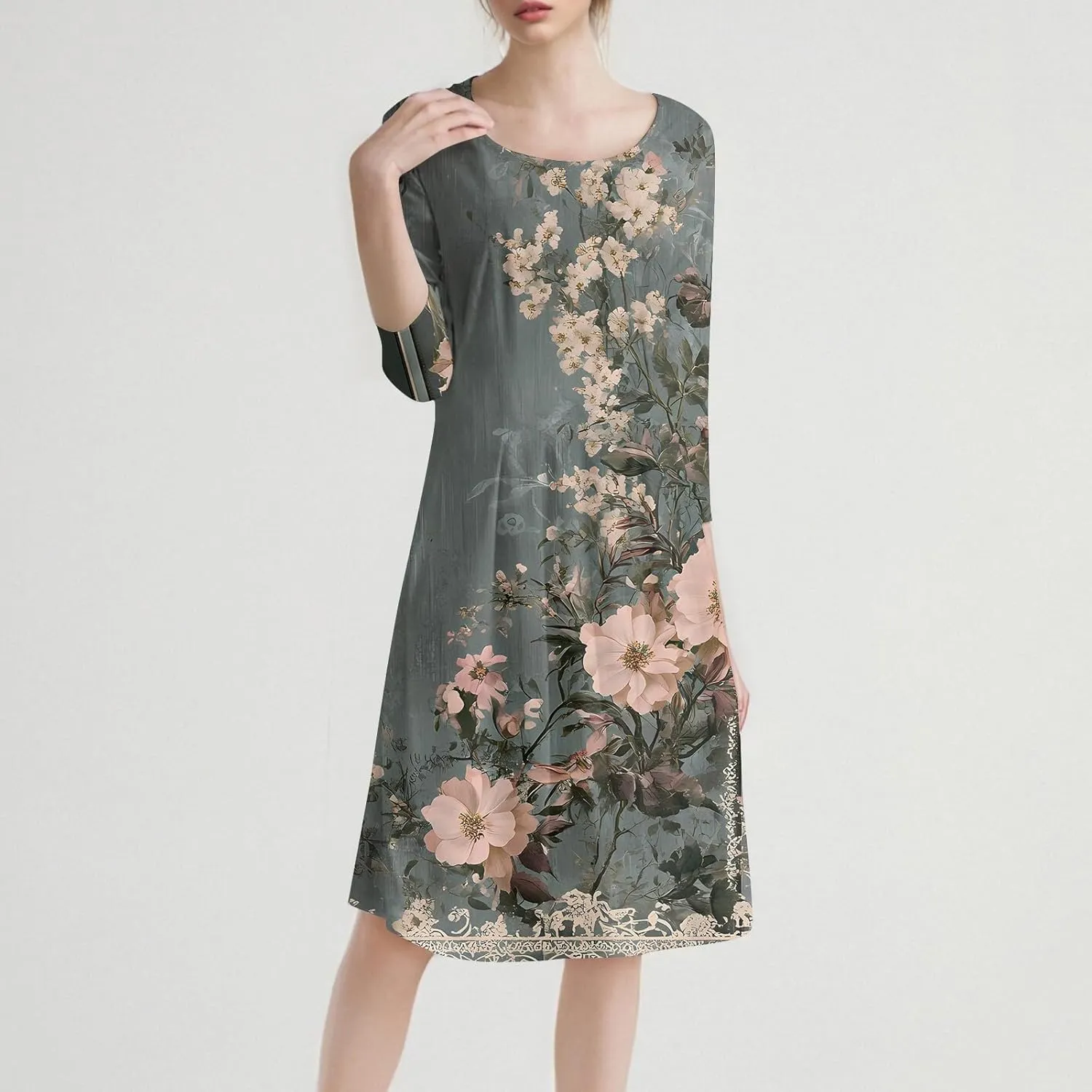 Women's 3/4 Sleeve Midi Dress Casual Round Neck Summer Dresses 2025 A Line Floral Print Curvy Dress with Pockets