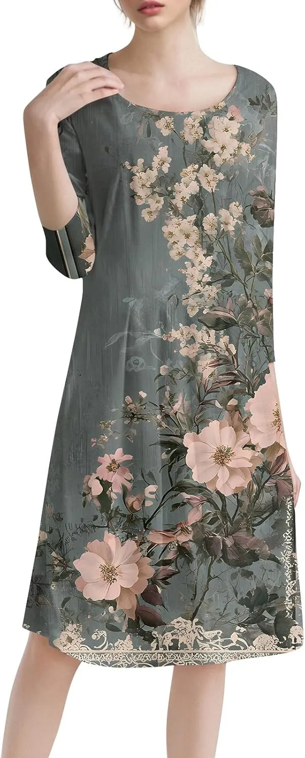 Women's 3/4 Sleeve Midi Dress Casual Round Neck Summer Dresses 2025 A Line Floral Print Curvy Dress with Pockets