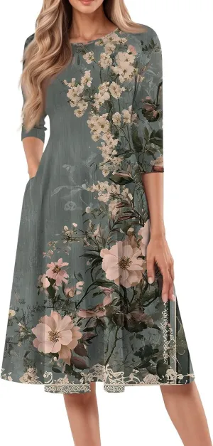 Women's 3/4 Sleeve Midi Dress Casual Round Neck Summer Dresses 2025 A Line Floral Print Curvy Dress with Pockets