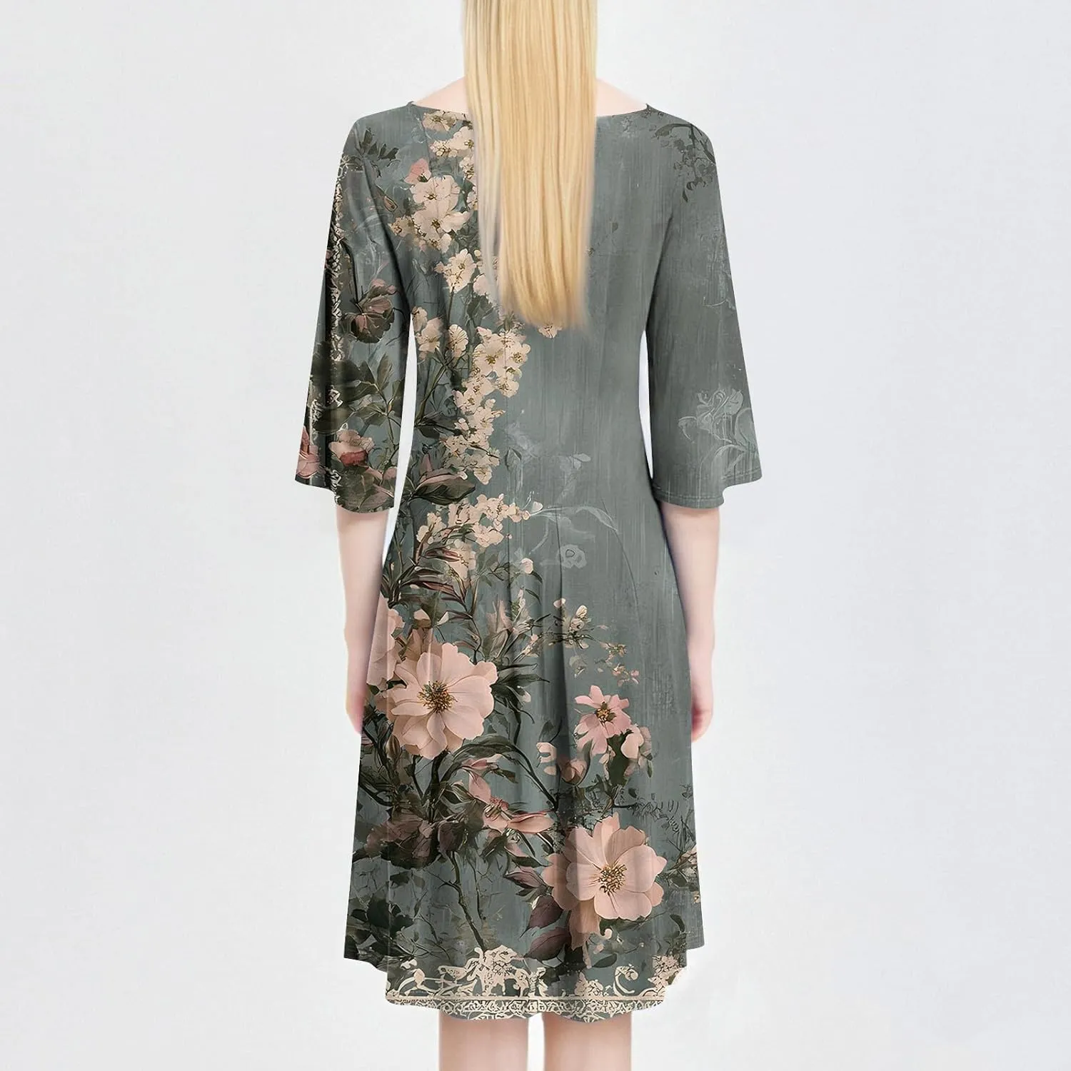Women's 3/4 Sleeve Midi Dress Casual Round Neck Summer Dresses 2025 A Line Floral Print Curvy Dress with Pockets