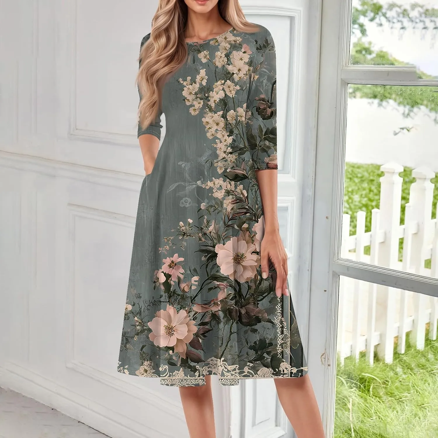 Women's 3/4 Sleeve Midi Dress Casual Round Neck Summer Dresses 2025 A Line Floral Print Curvy Dress with Pockets