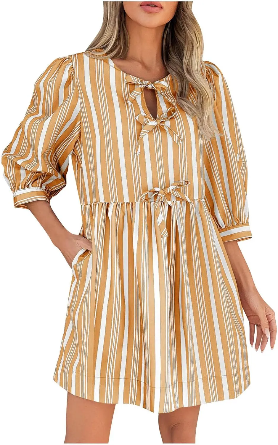 Womens 3/4 Sleeve Tie Front V Neck Midi Dress Flowy Swing Loose Fit Casual Vacation Dress Beach Sundress with Pocket
