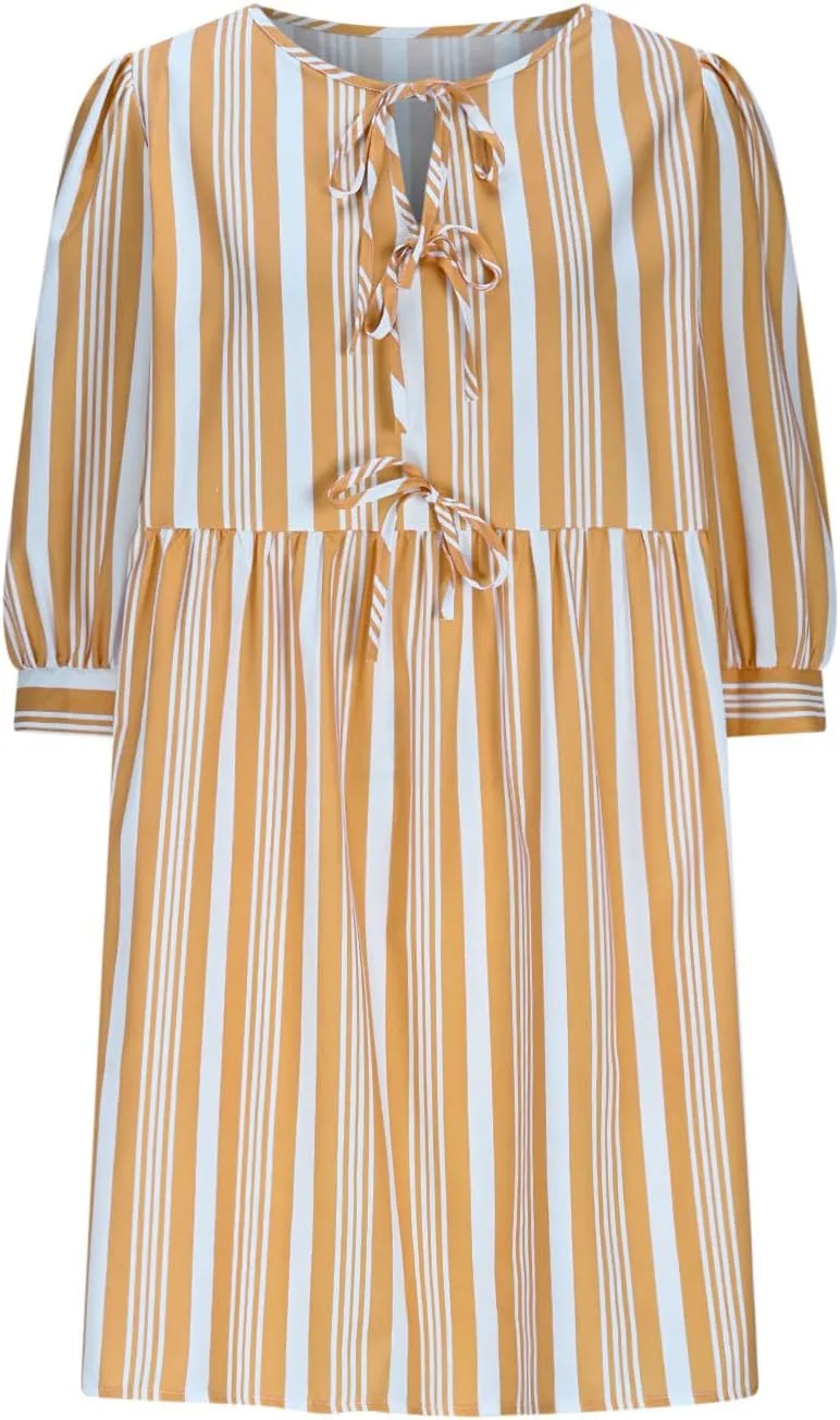Womens 3/4 Sleeve Tie Front V Neck Midi Dress Flowy Swing Loose Fit Casual Vacation Dress Beach Sundress with Pocket