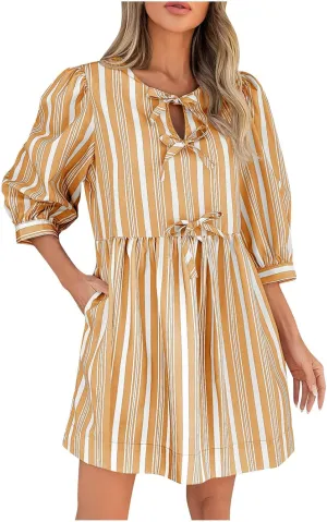 Womens 3/4 Sleeve Tie Front V Neck Midi Dress Flowy Swing Loose Fit Casual Vacation Dress Beach Sundress with Pocket