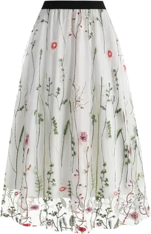 Women's 3D Embroidered Double-Layered Mesh Midi Skirt High Waist Pleated Skirt Midi Swing Skirt A-Line Vintage Skirts