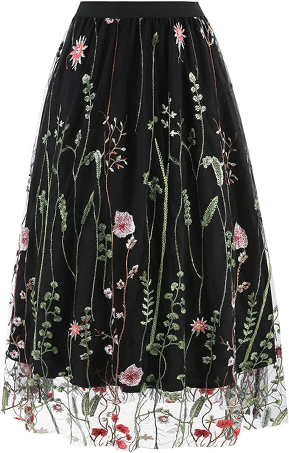Women's 3D Embroidered Double-Layered Mesh Midi Skirt High Waist Pleated Skirt Midi Swing Skirt A-Line Vintage Skirts