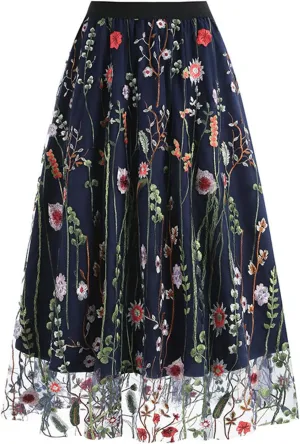 Women's 3D Embroidered Double-Layered Mesh Midi Skirt High Waist Pleated Skirt Midi Swing Skirt A-Line Vintage Skirts