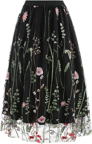 Women's 3D Embroidered Double-Layered Mesh Midi Skirt High Waist Pleated Skirt Midi Swing Skirt A-Line Vintage Skirts