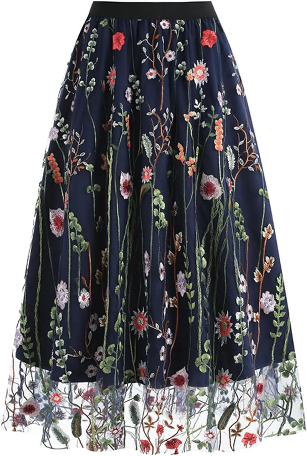 Women's 3D Embroidered Double-Layered Mesh Midi Skirt High Waist Pleated Skirt Midi Swing Skirt A-Line Vintage Skirts
