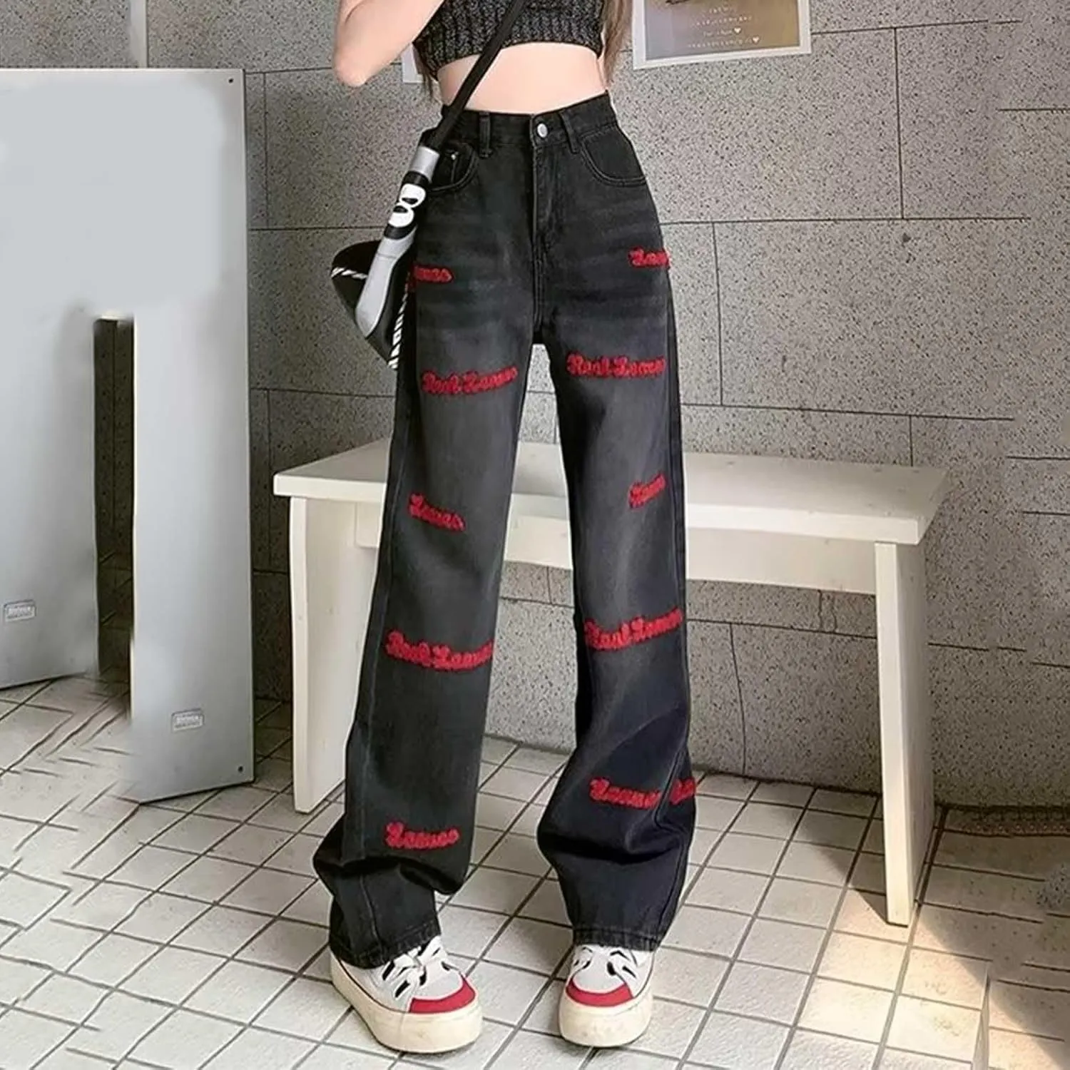 Women's Baggy Jeans Girls Vintage Streetwear Pants Aesthetic Clothing Ripped Baggy High Waisted Trousers with Pockets