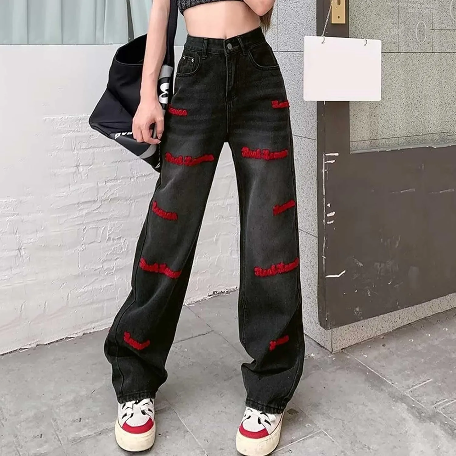 Women's Baggy Jeans Girls Vintage Streetwear Pants Aesthetic Clothing Ripped Baggy High Waisted Trousers with Pockets