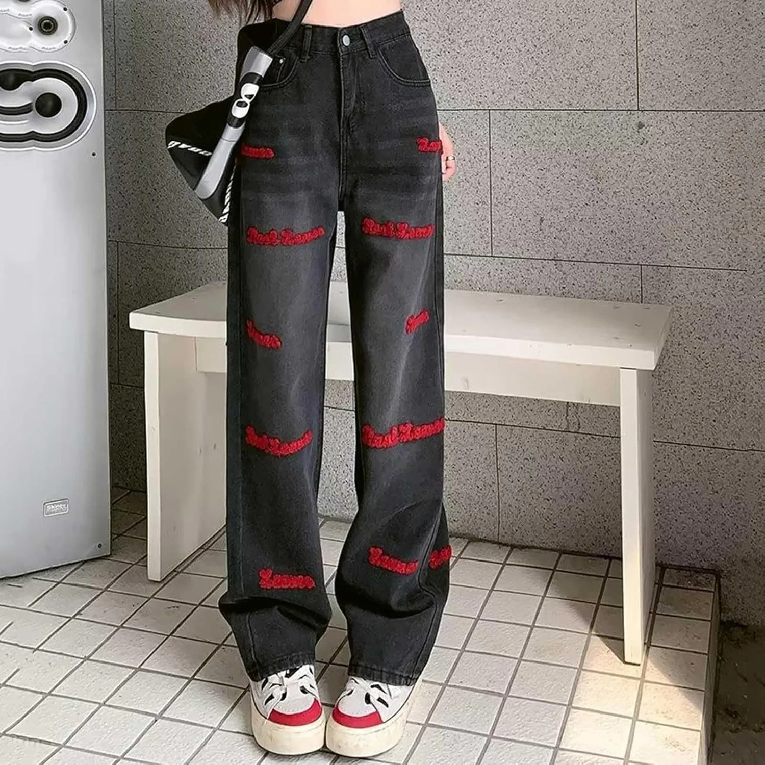 Women's Baggy Jeans Girls Vintage Streetwear Pants Aesthetic Clothing Ripped Baggy High Waisted Trousers with Pockets