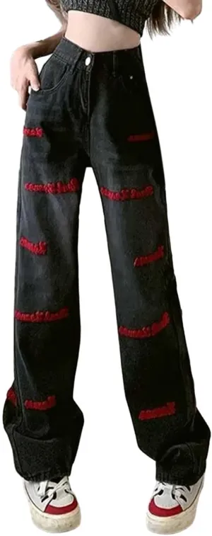 Women's Baggy Jeans Girls Vintage Streetwear Pants Aesthetic Clothing Ripped Baggy High Waisted Trousers with Pockets