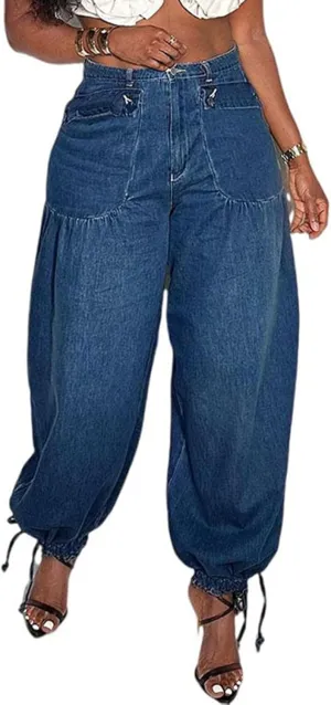 Women's Baggy Jeans Wide Leg Denim Pants Drawstring Bow Tie Joggers Trousers with Pockets Sweatpants