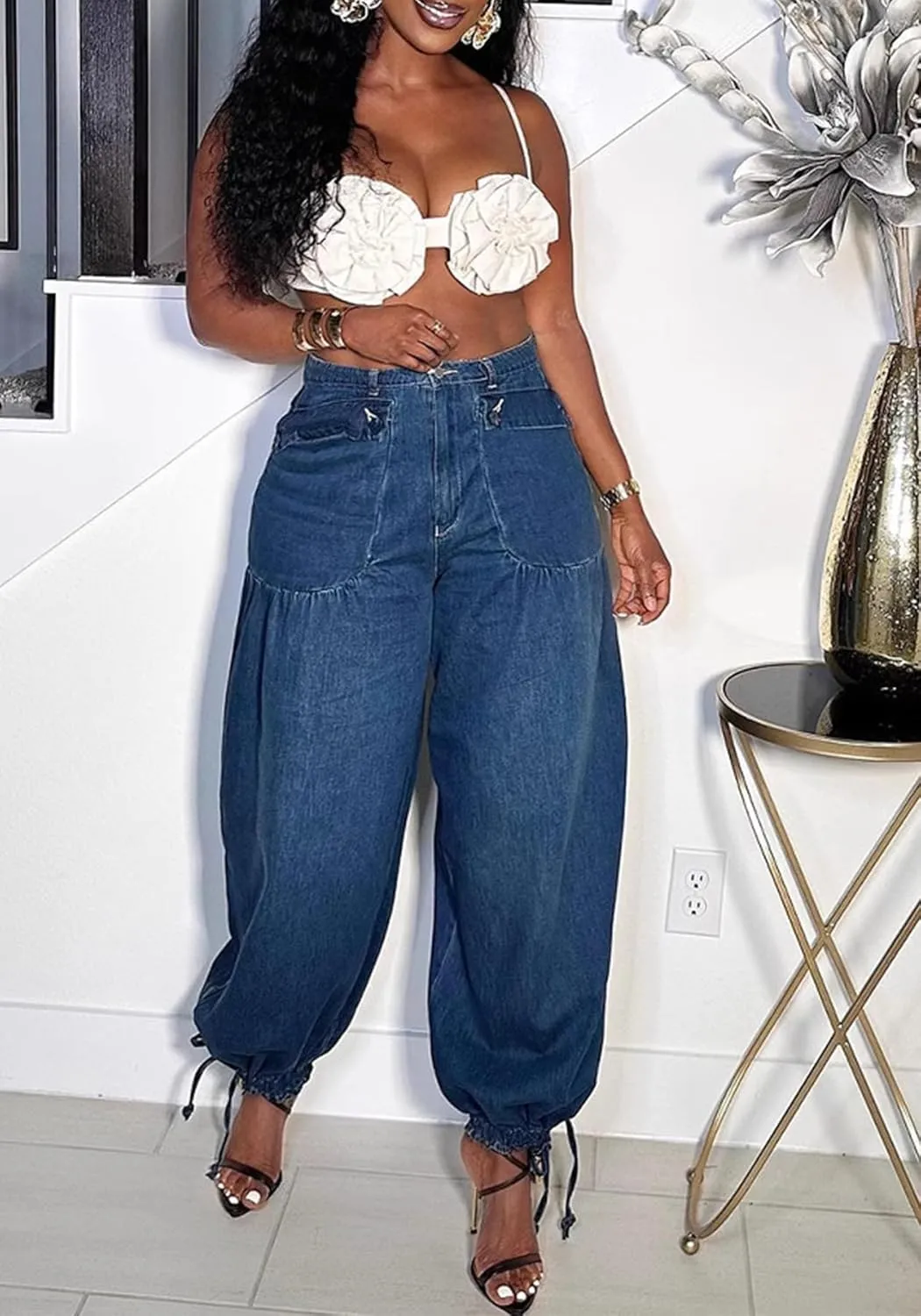 Women's Baggy Jeans Wide Leg Denim Pants Drawstring Bow Tie Joggers Trousers with Pockets Sweatpants
