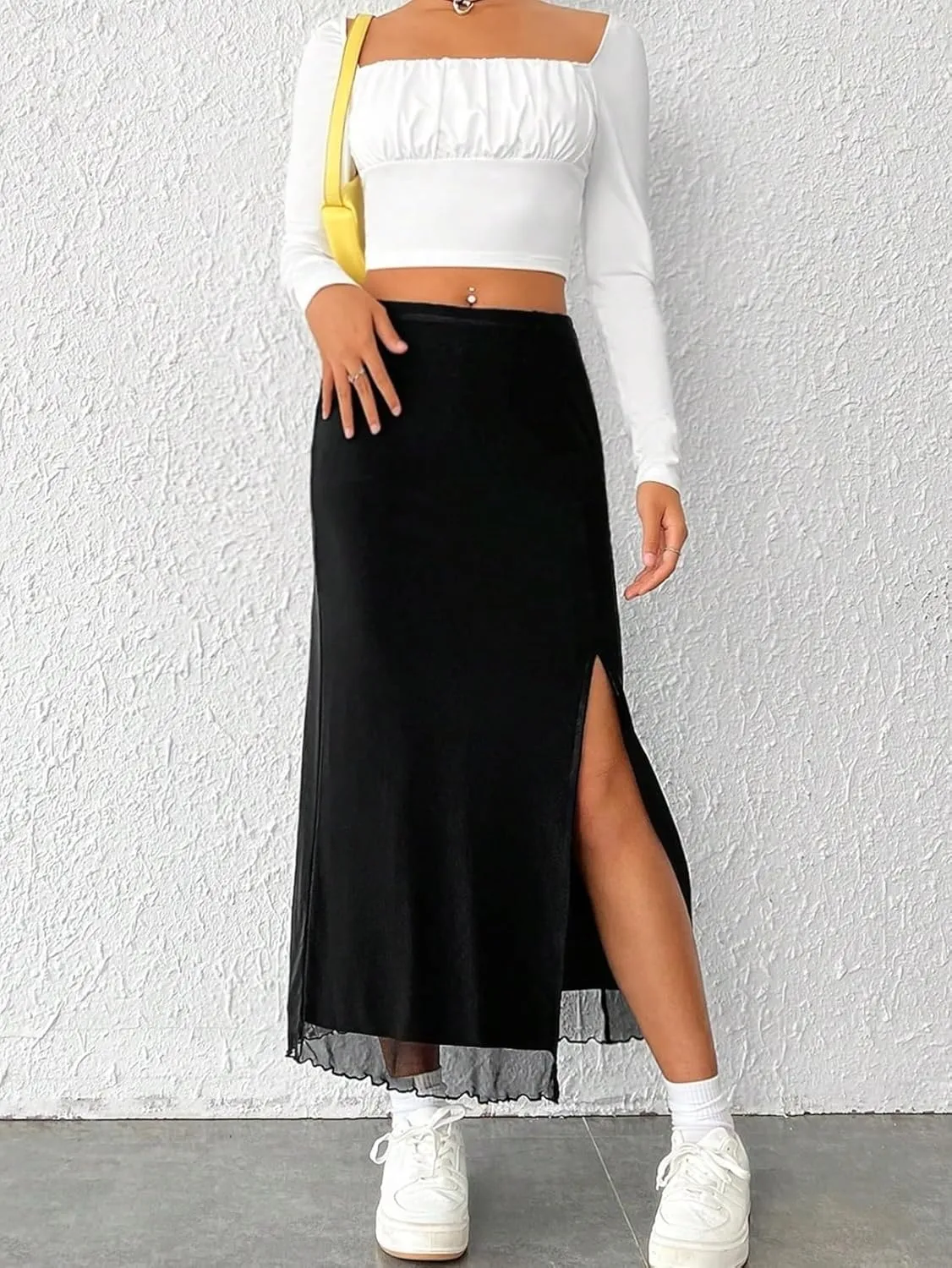 Women's Basic Solid Split Thigh Mesh Overlay Midi Skirt Regular Fit Slit High Waist Casual Skirts
