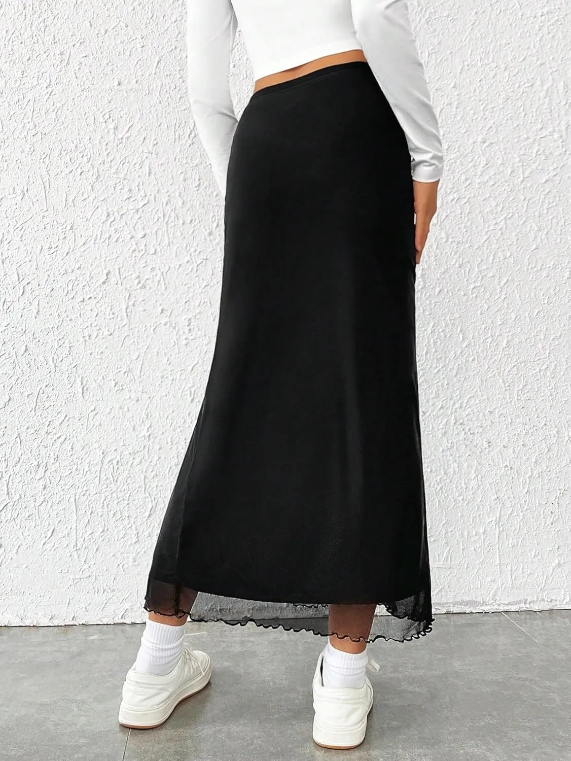 Women's Basic Solid Split Thigh Mesh Overlay Midi Skirt Regular Fit Slit High Waist Casual Skirts