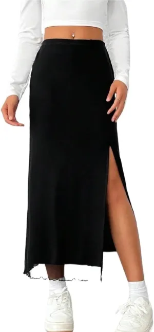 Women's Basic Solid Split Thigh Mesh Overlay Midi Skirt Regular Fit Slit High Waist Casual Skirts