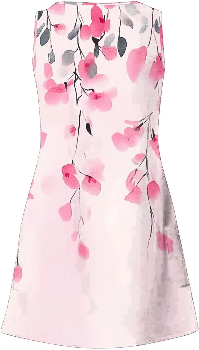 Womens Beach Dresses Trendy Swimsuit Cover Ups Sleeveless Vacation Dresses Floral Flowy Mini Dress Swing Dresses