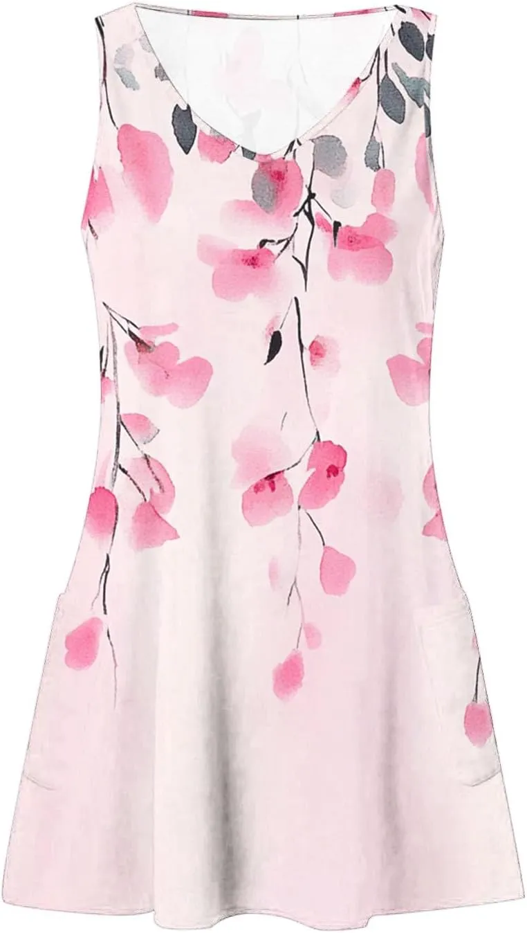 Womens Beach Dresses Trendy Swimsuit Cover Ups Sleeveless Vacation Dresses Floral Flowy Mini Dress Swing Dresses