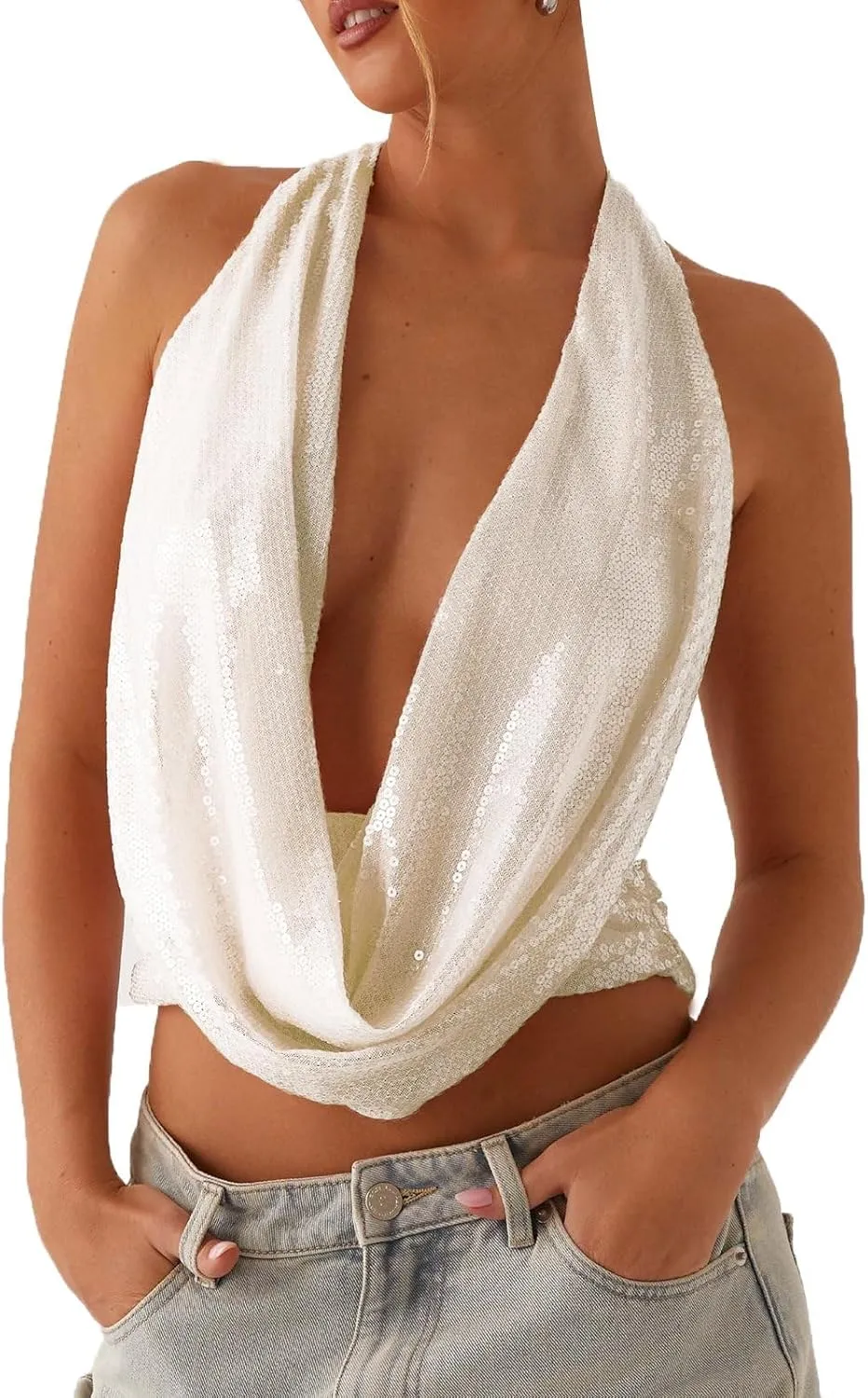 Womens Beaded Halter Top Y2k Sequin Sparkly Cowl Neck Tank Tops Sexy Flower Pearl Embellished Glitter Camisole