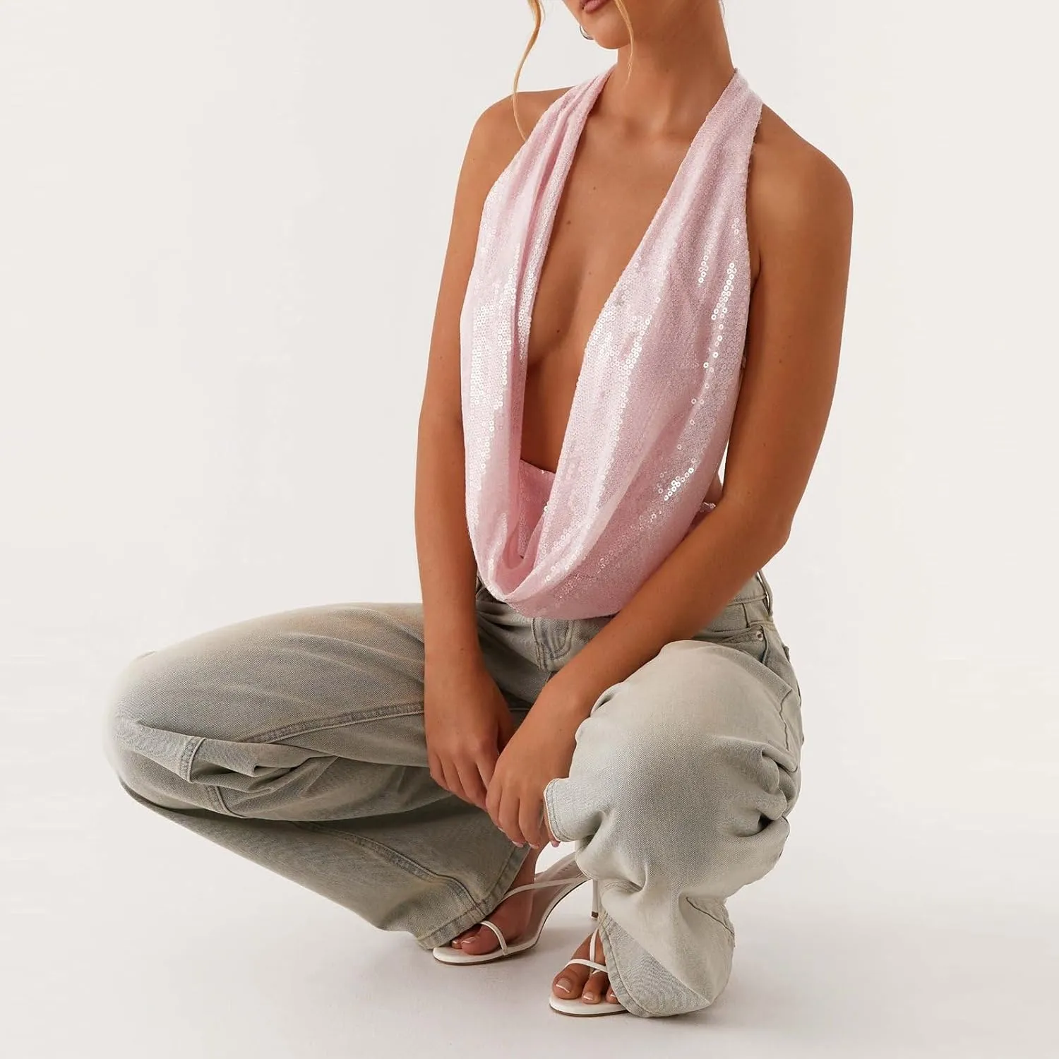 Womens Beaded Halter Top Y2k Sequin Sparkly Cowl Neck Tank Tops Sexy Flower Pearl Embellished Glitter Camisole