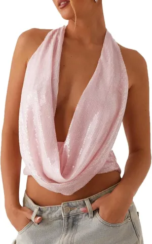 Womens Beaded Halter Top Y2k Sequin Sparkly Cowl Neck Tank Tops Sexy Flower Pearl Embellished Glitter Camisole
