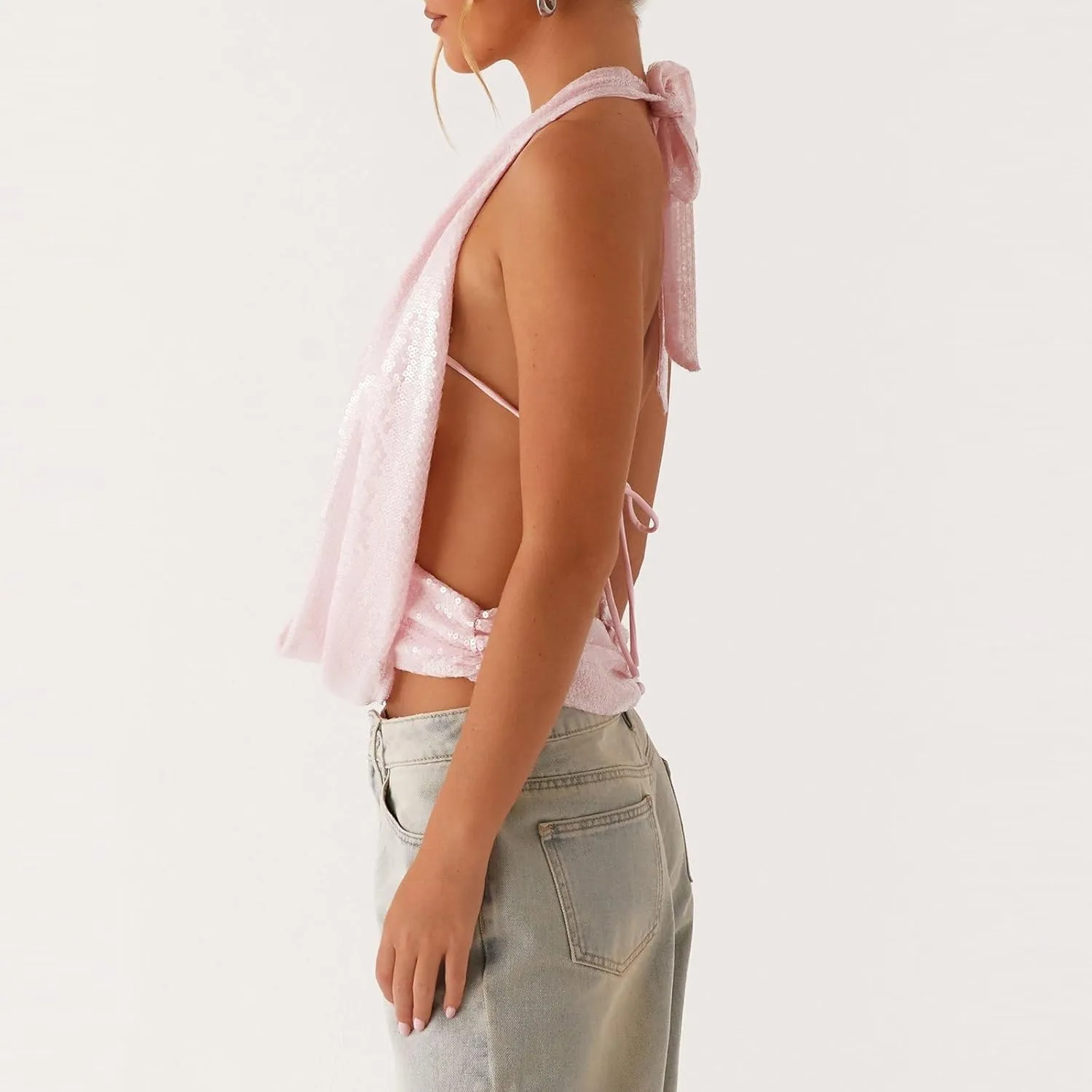 Womens Beaded Halter Top Y2k Sequin Sparkly Cowl Neck Tank Tops Sexy Flower Pearl Embellished Glitter Camisole