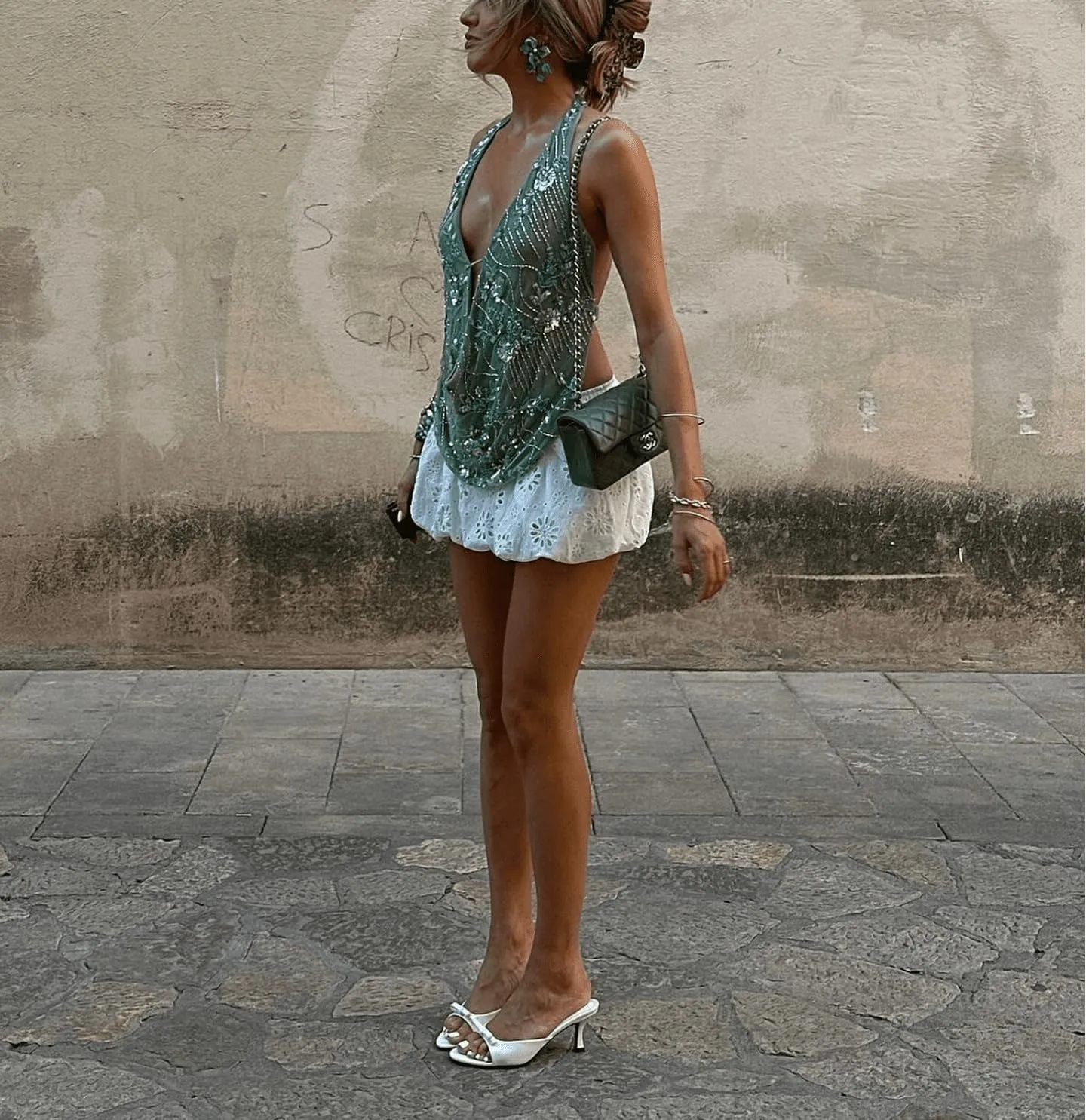 Womens Beaded Halter Top Y2k Sequin Sparkly Cowl Neck Tank Tops Sexy Flower Pearl Embellished Glitter Camisole
