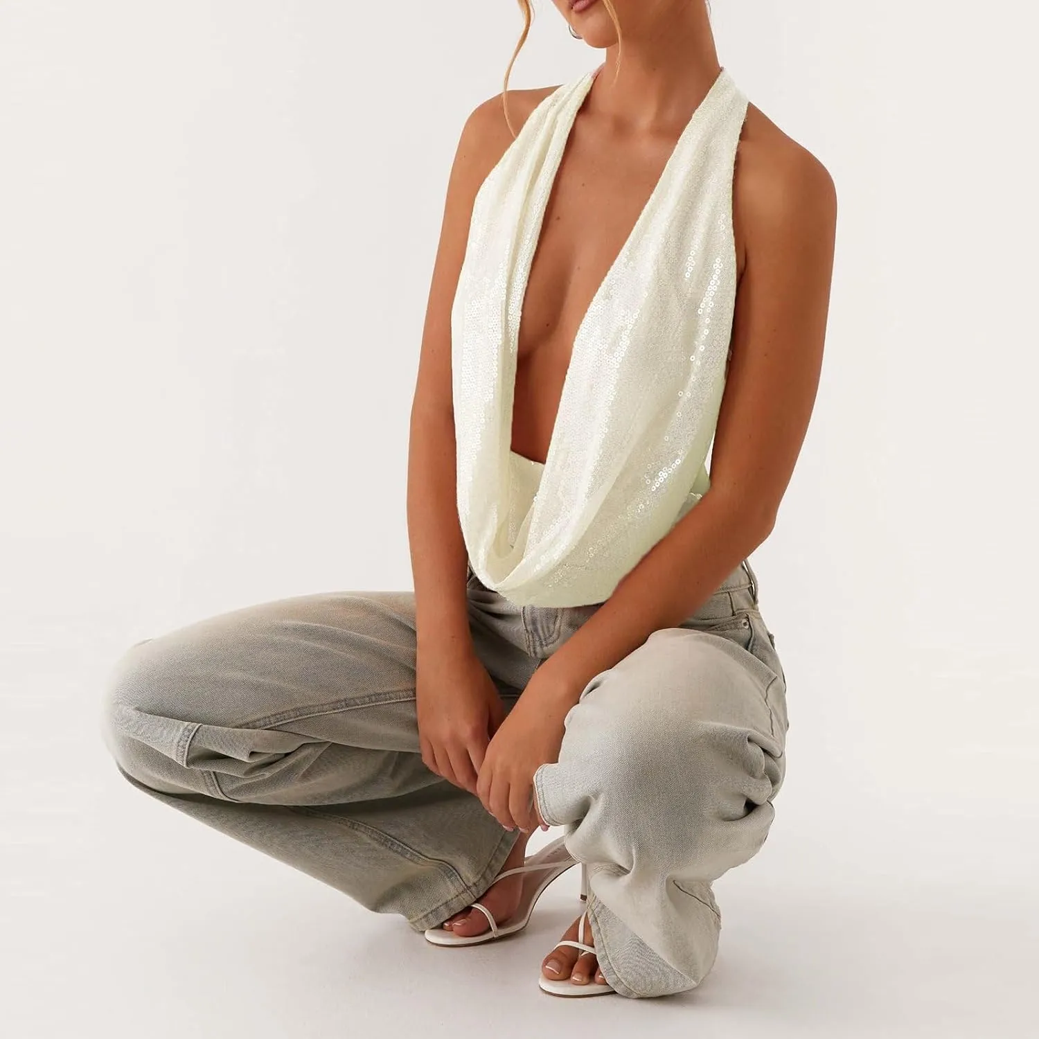 Womens Beaded Halter Top Y2k Sequin Sparkly Cowl Neck Tank Tops Sexy Flower Pearl Embellished Glitter Camisole
