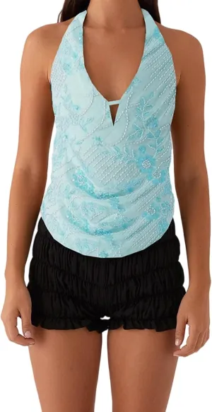 Womens Beaded Halter Top Y2k Sequin Sparkly Cowl Neck Tank Tops Sexy Flower Pearl Embellished Glitter Camisole