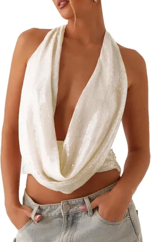 Womens Beaded Halter Top Y2k Sequin Sparkly Cowl Neck Tank Tops Sexy Flower Pearl Embellished Glitter Camisole