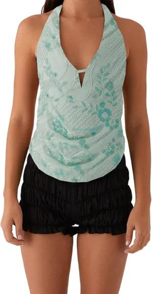 Womens Beaded Halter Top Y2k Sequin Sparkly Cowl Neck Tank Tops Sexy Flower Pearl Embellished Glitter Camisole