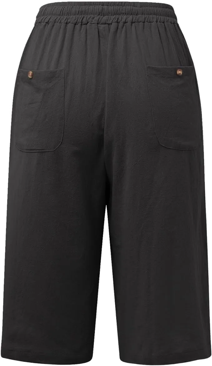 Womens Bermuda Shorts Solid Color Linen Casual Side Lace Summer Drawstring Pants with Pocket for Beach Vacations