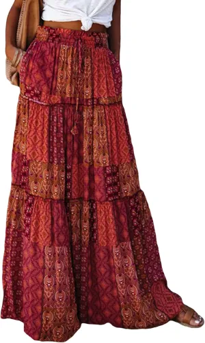Women's Bohemian Maxi Skirts Vintage Floral Elastic High Waist Flowy Skirts Tiered Pleated A Line Beach Long Skirt