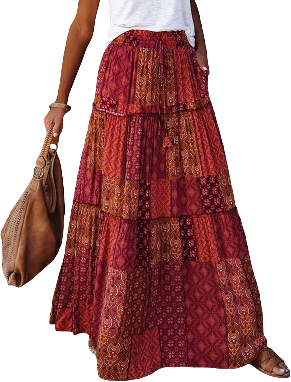 Women's Bohemian Maxi Skirts Vintage Floral Elastic High Waist Flowy Skirts Tiered Pleated A Line Beach Long Skirt