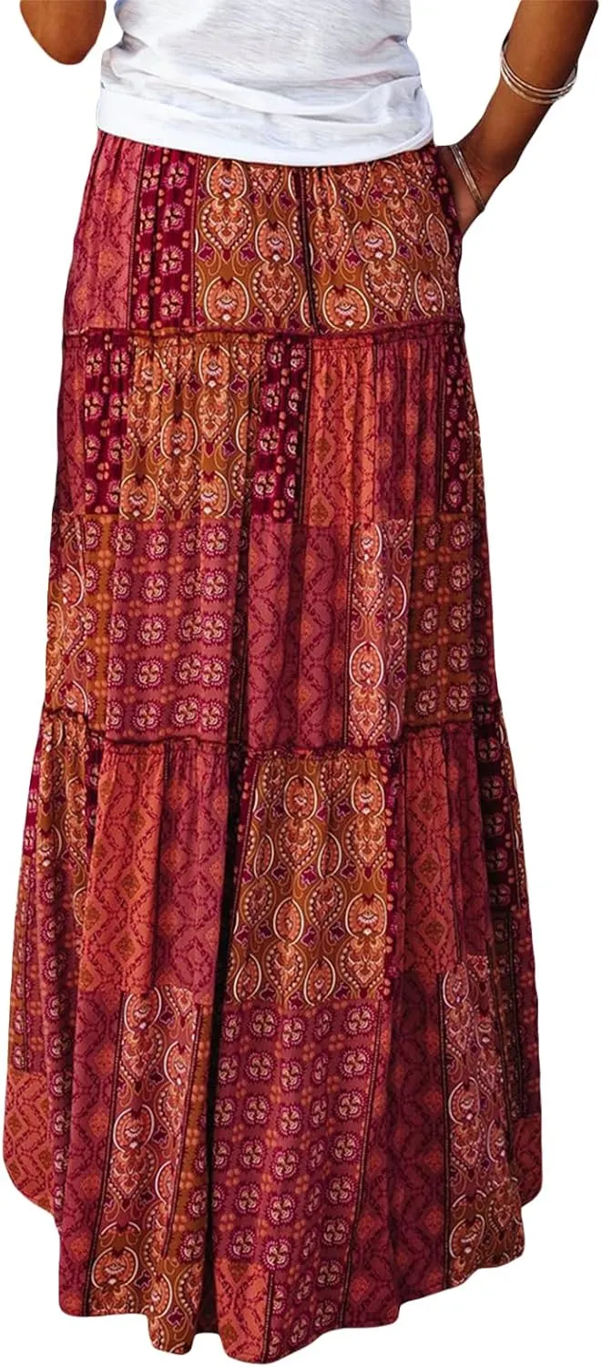 Women's Bohemian Maxi Skirts Vintage Floral Elastic High Waist Flowy Skirts Tiered Pleated A Line Beach Long Skirt