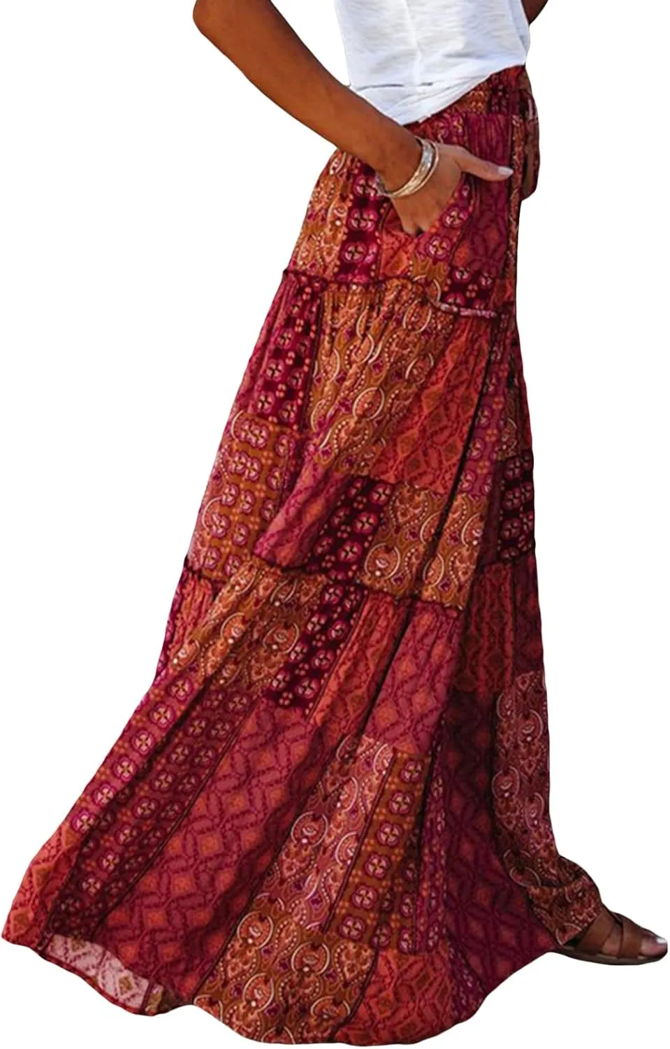 Women's Bohemian Maxi Skirts Vintage Floral Elastic High Waist Flowy Skirts Tiered Pleated A Line Beach Long Skirt