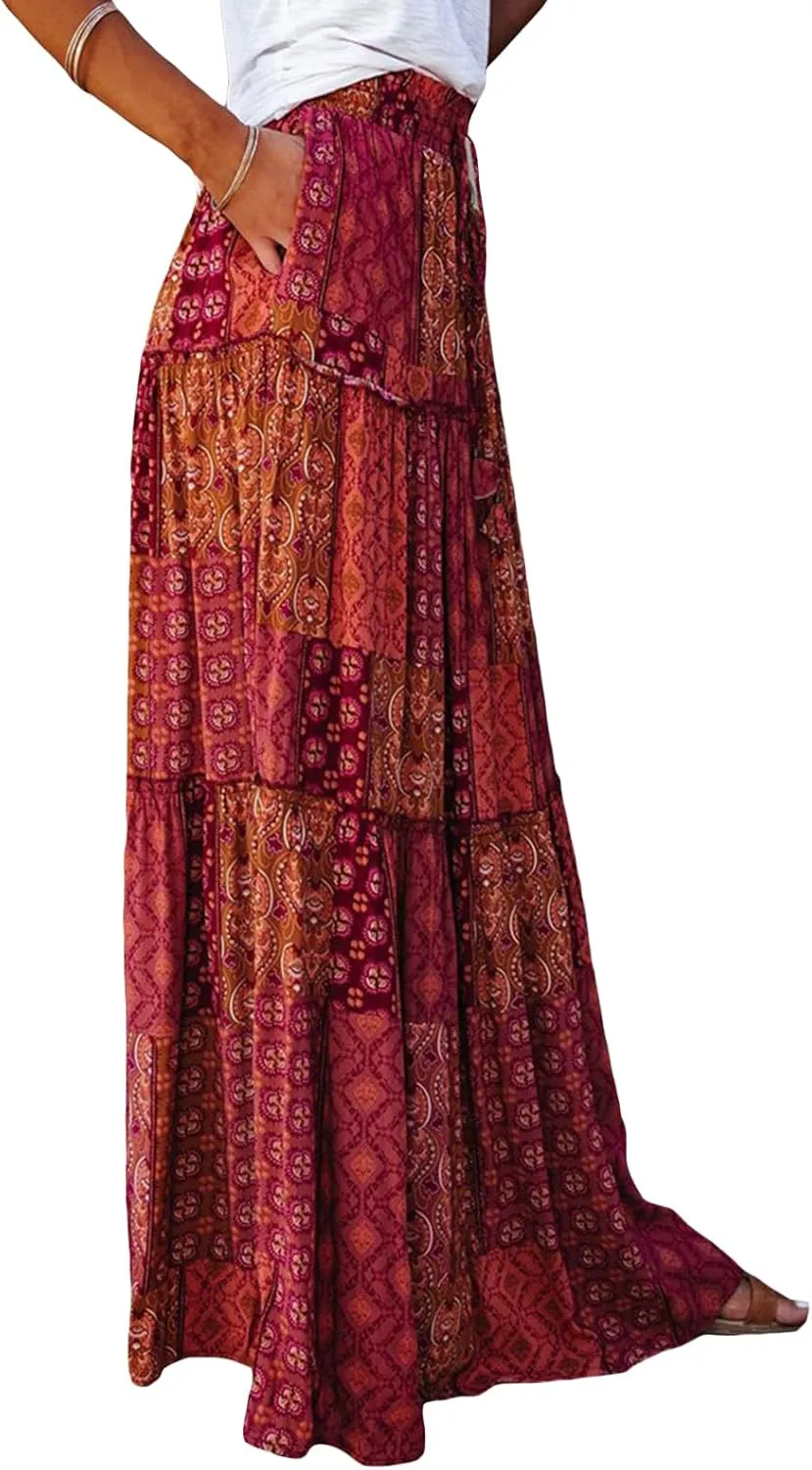 Women's Bohemian Maxi Skirts Vintage Floral Elastic High Waist Flowy Skirts Tiered Pleated A Line Beach Long Skirt