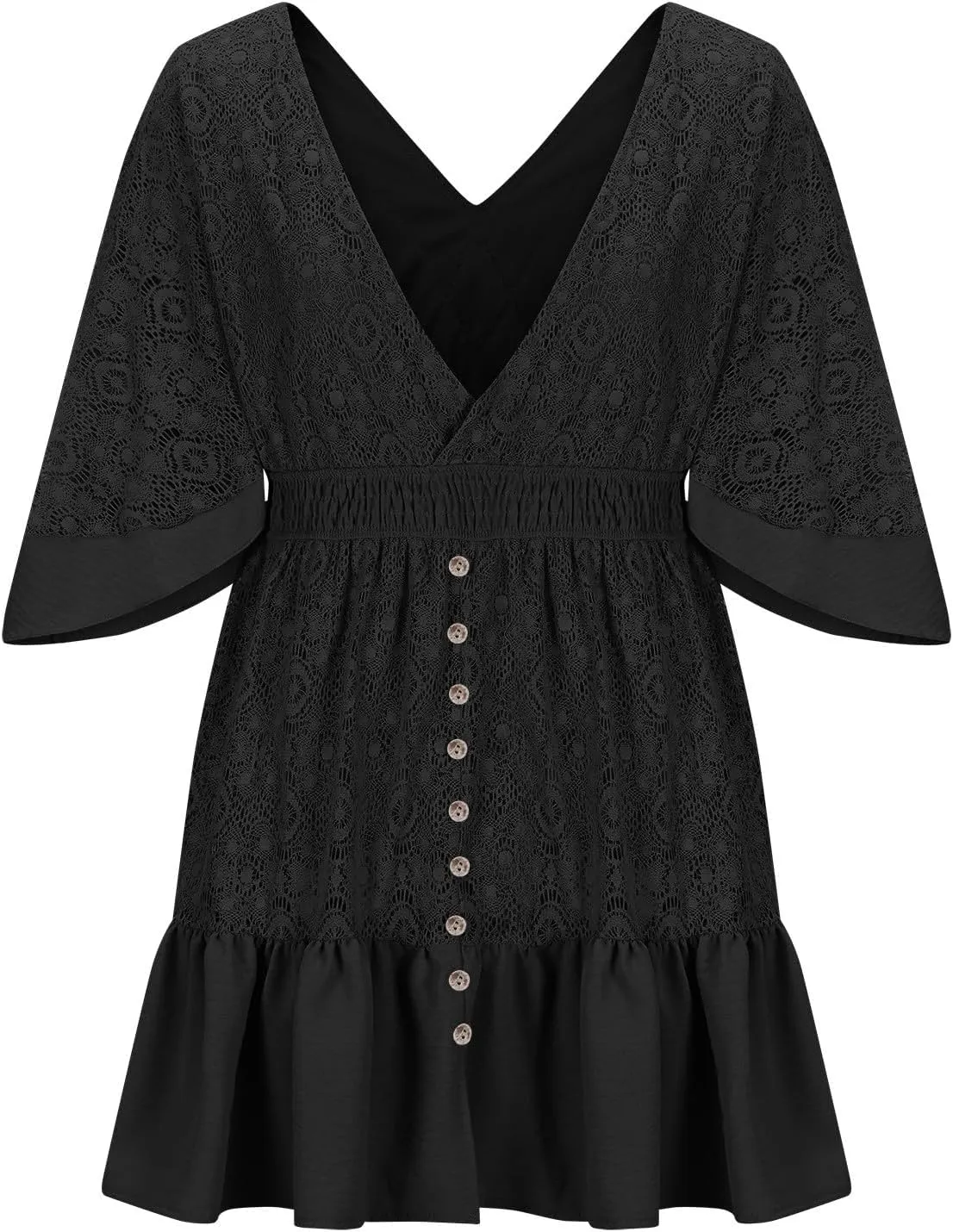 Womens Boho Babydoll Mini Dresses Sexy Plunge Resort Vacation Outfits Ruffle Summer Lace Eyelet Flare Sleeve Dress