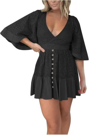 Womens Boho Babydoll Mini Dresses Sexy Plunge Resort Vacation Outfits Ruffle Summer Lace Eyelet Flare Sleeve Dress