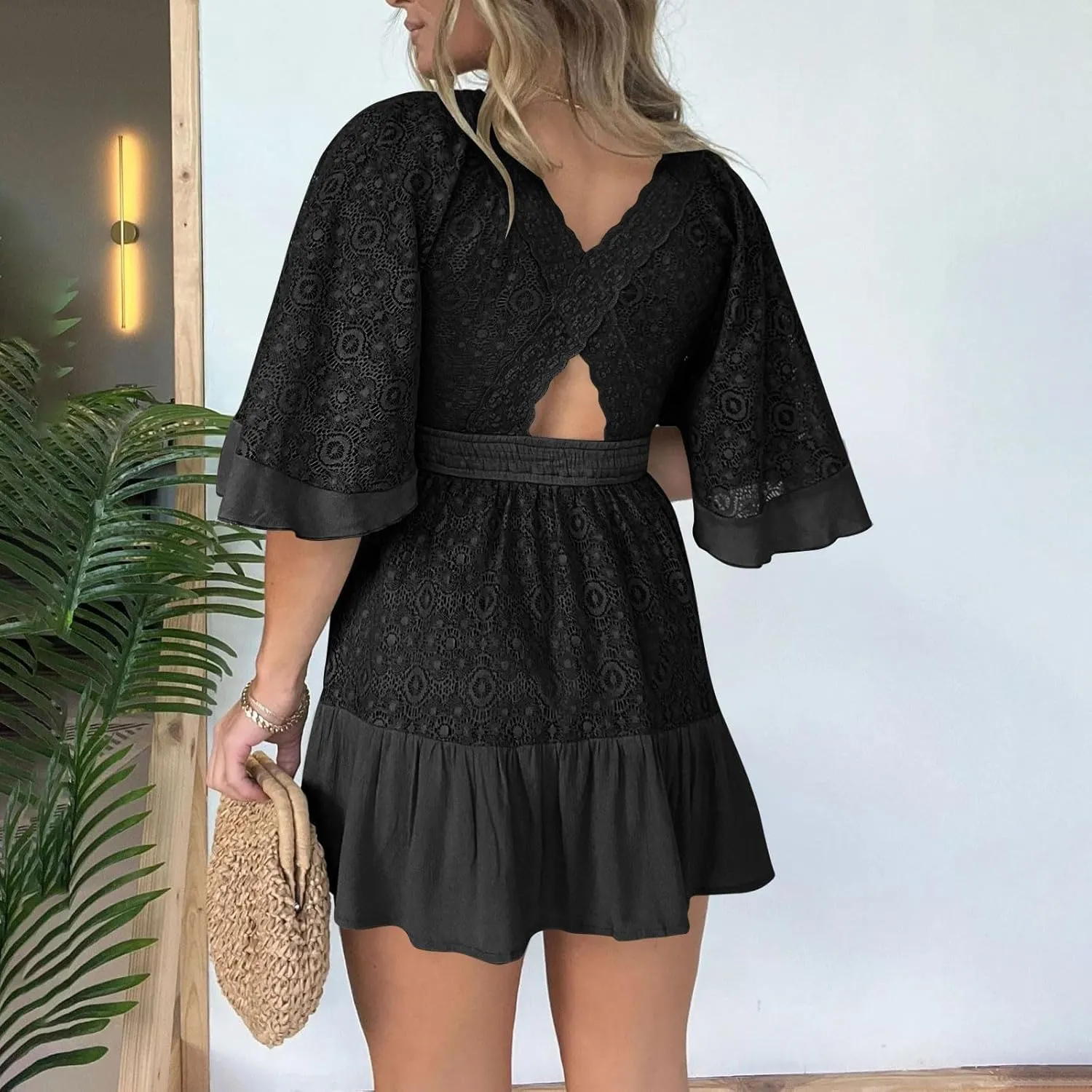Womens Boho Babydoll Mini Dresses Sexy Plunge Resort Vacation Outfits Ruffle Summer Lace Eyelet Flare Sleeve Dress