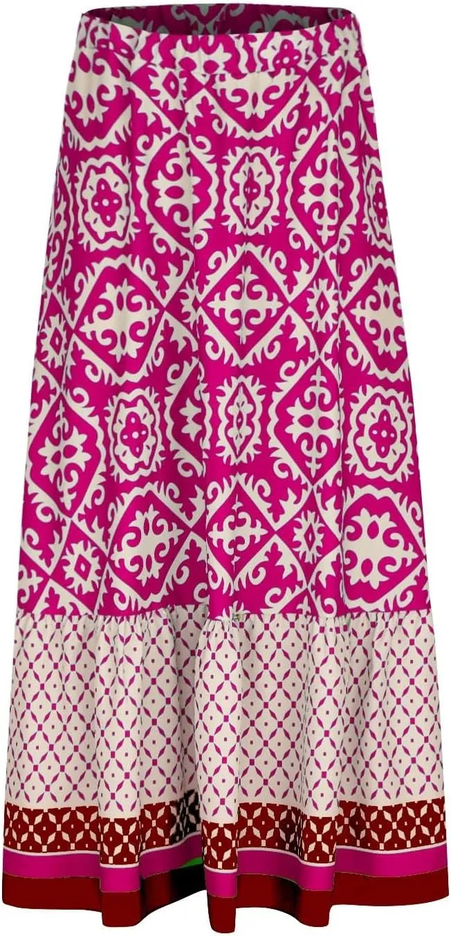 Women's Boho Elastic High Waist A Line Flared Ruffle Swing Beach Maxi Skirt Summer Beach Wrap Cover Up Long Skirt