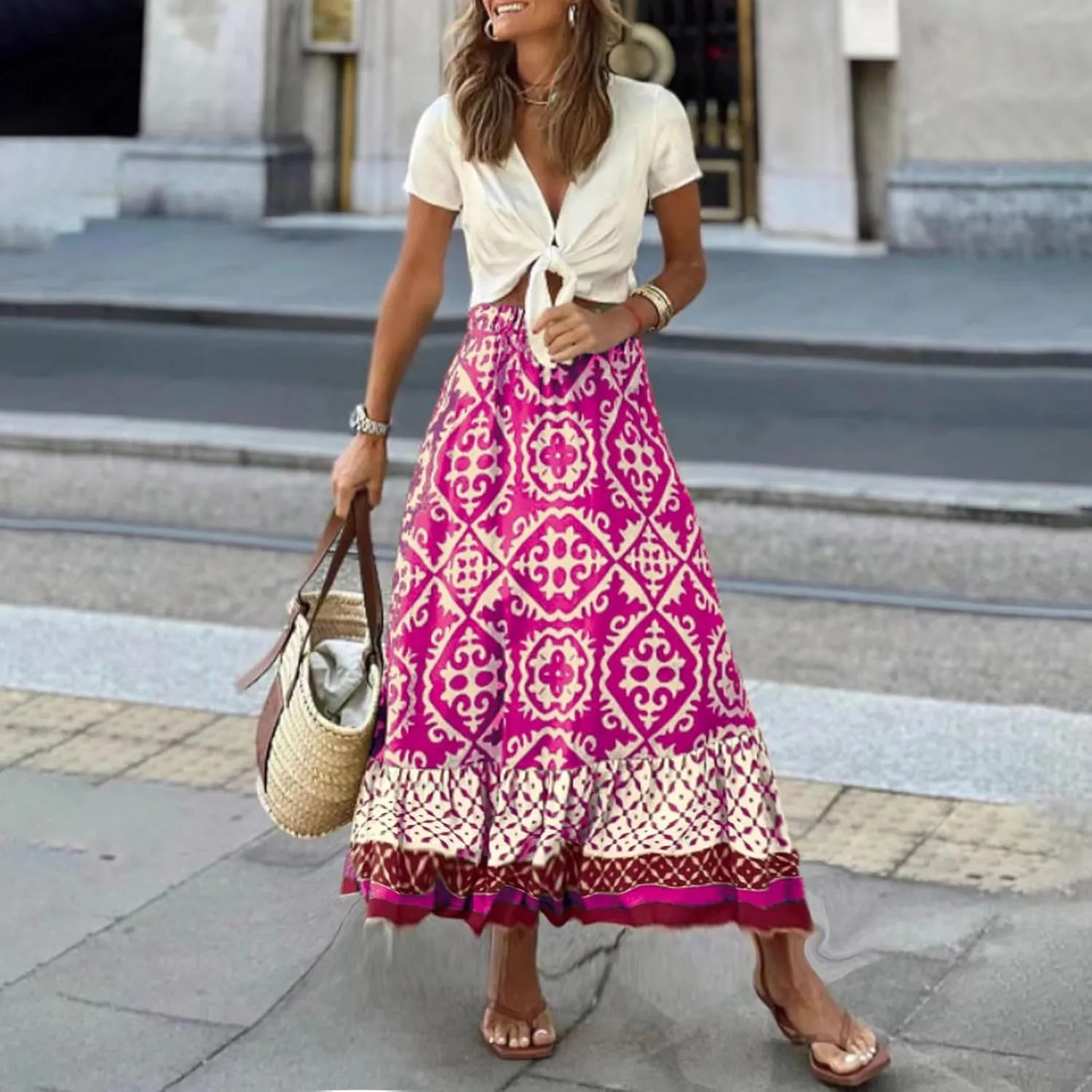 Women's Boho Elastic High Waist A Line Flared Ruffle Swing Beach Maxi Skirt Summer Beach Wrap Cover Up Long Skirt