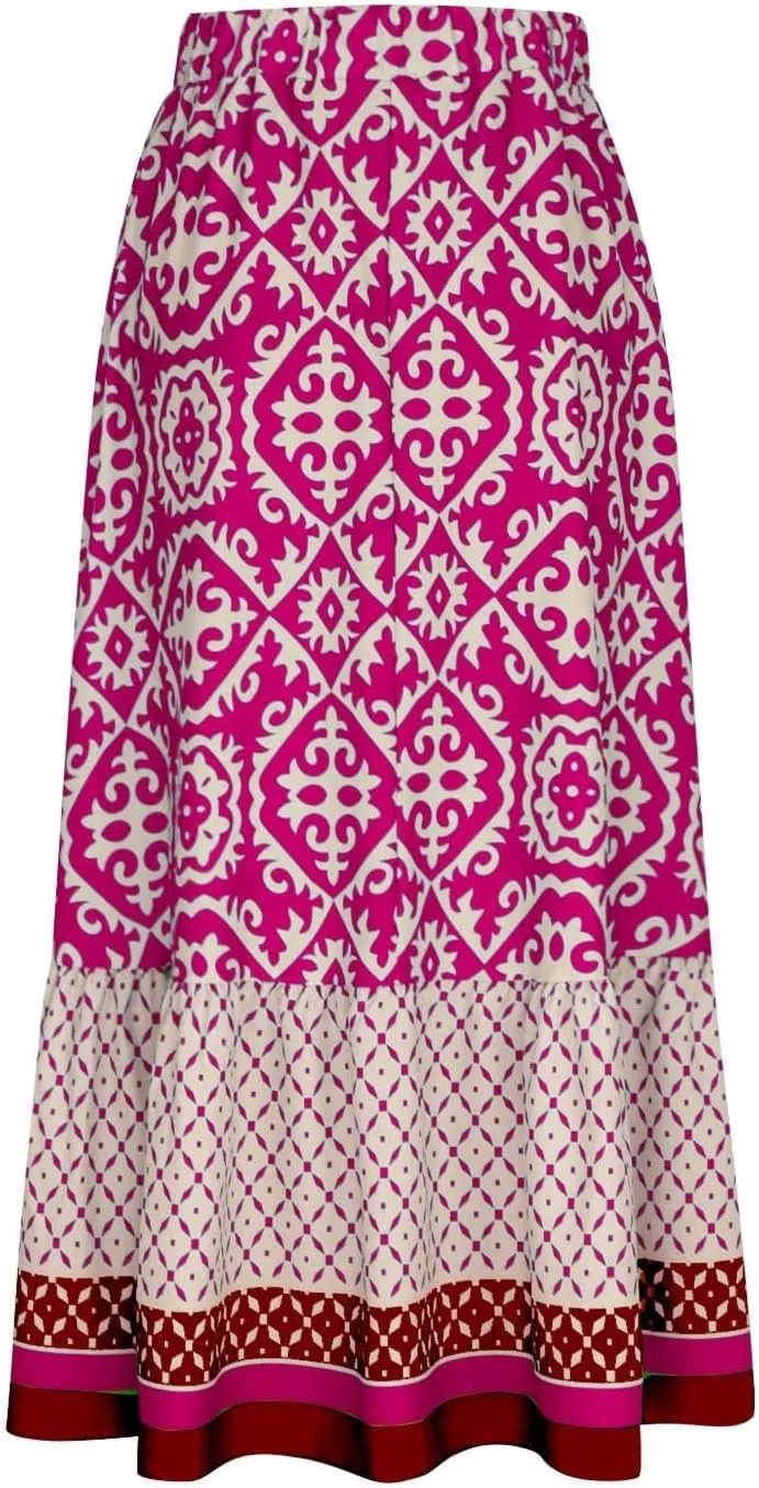Women's Boho Elastic High Waist A Line Flared Ruffle Swing Beach Maxi Skirt Summer Beach Wrap Cover Up Long Skirt