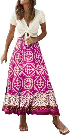 Women's Boho Elastic High Waist A Line Flared Ruffle Swing Beach Maxi Skirt Summer Beach Wrap Cover Up Long Skirt