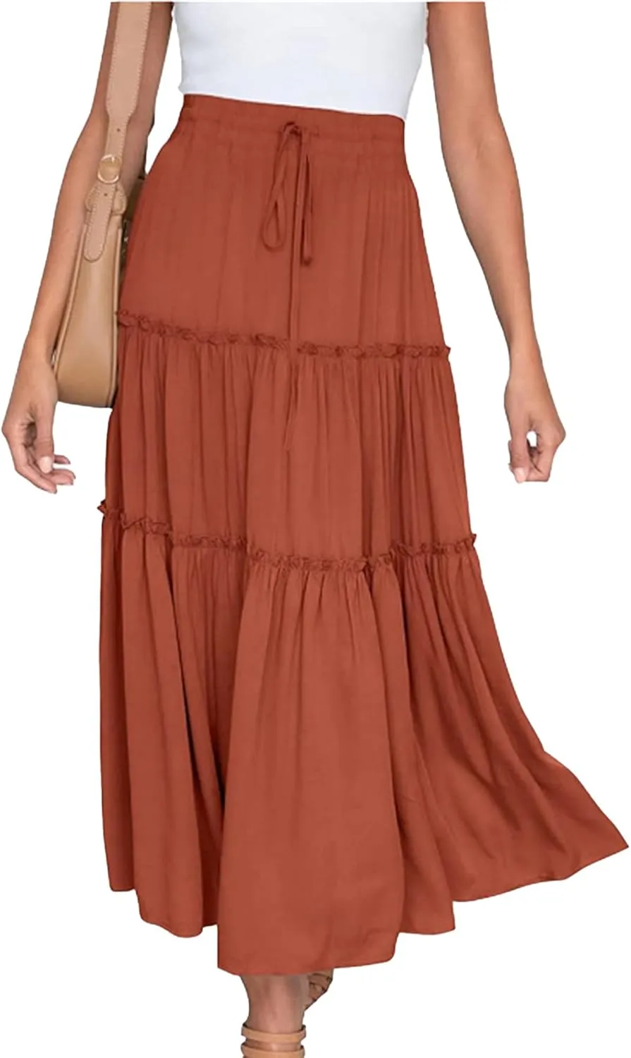 Women's Boho Elastic High Waist Skirt Dress A Line Ruffle Swing Beach Maxi Skirt Casual Drawstring Elegant Long Skirts
