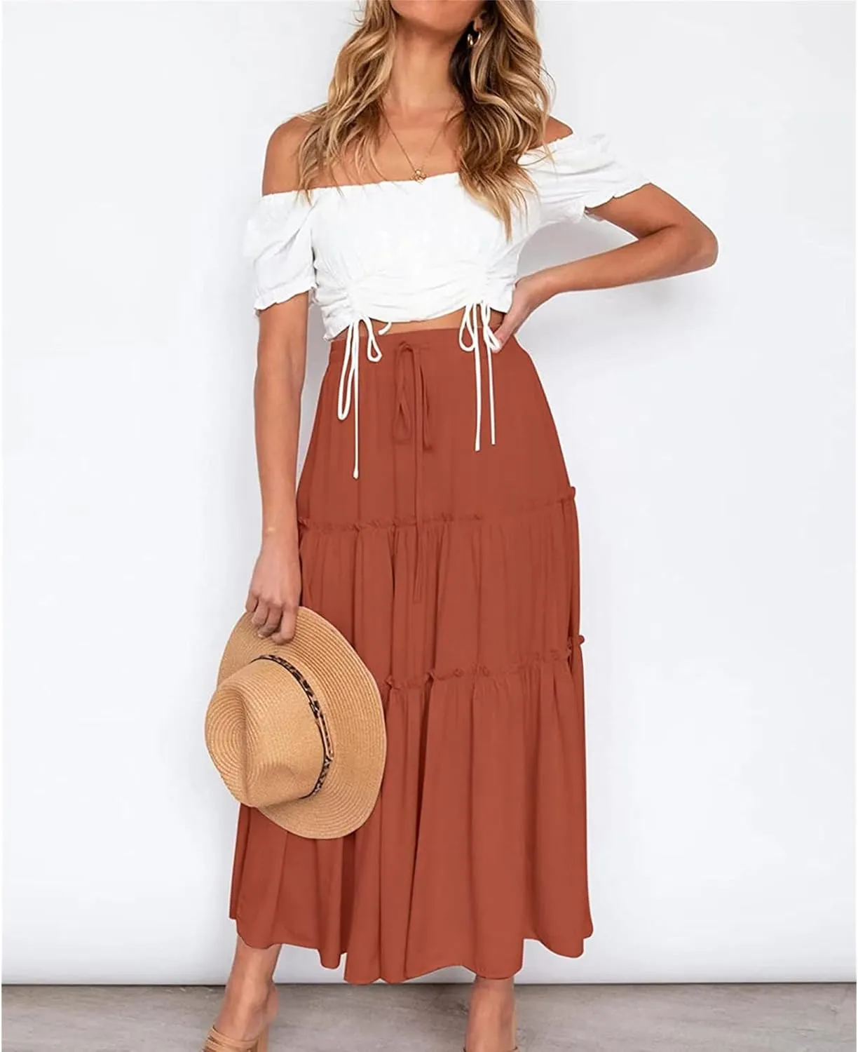 Women's Boho Elastic High Waist Skirt Dress A Line Ruffle Swing Beach Maxi Skirt Casual Drawstring Elegant Long Skirts