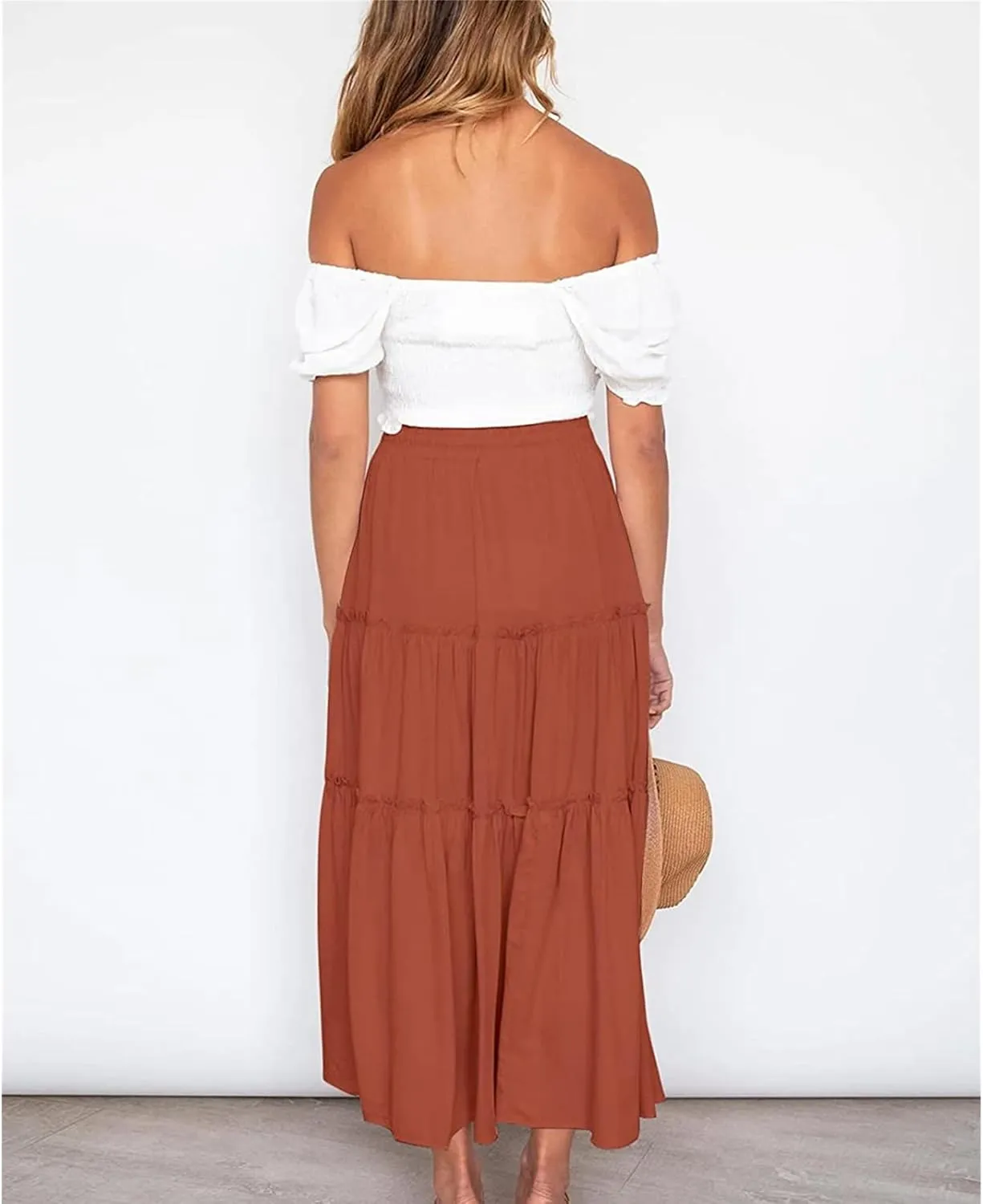Women's Boho Elastic High Waist Skirt Dress A Line Ruffle Swing Beach Maxi Skirt Casual Drawstring Elegant Long Skirts